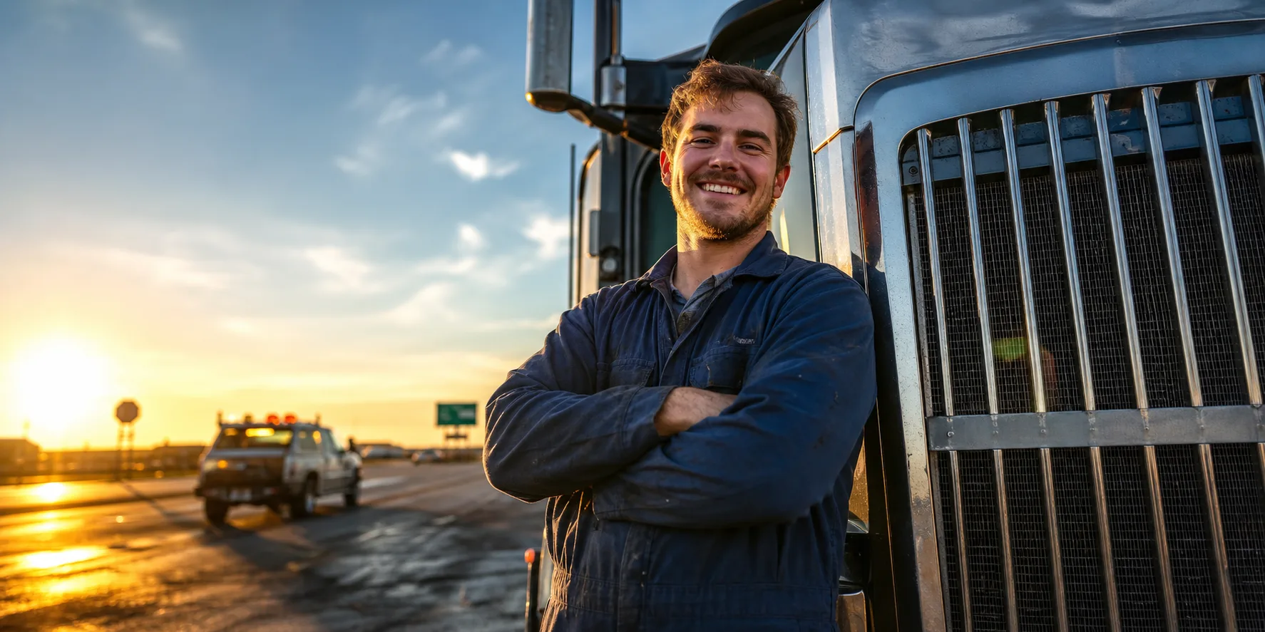 Smiling truck driver in a dark work jacket leaning with arms crossed against a big rig chrome grille at golden hour