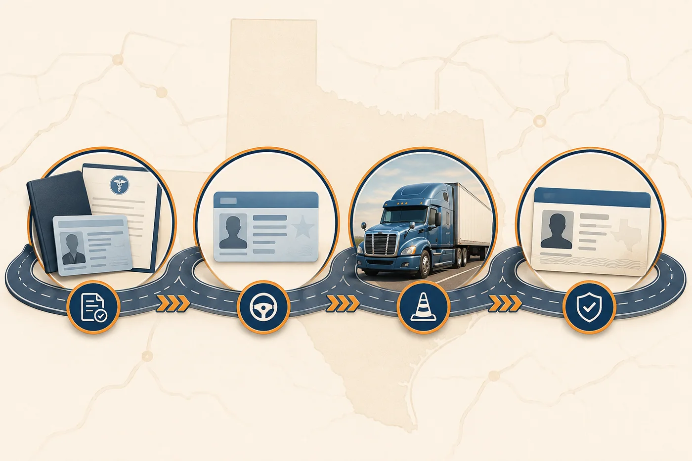 Illustrated Texas CDL application path from required documents and learner permit to truck training and a commercial driver license